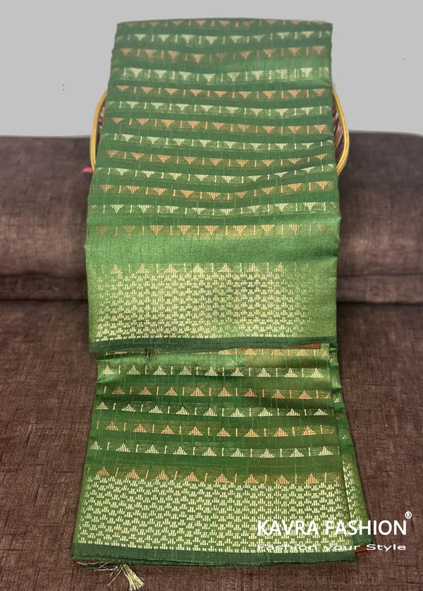 Semi Raw Silk Green Handloom Saree with all over Khapa dots and khapa border
